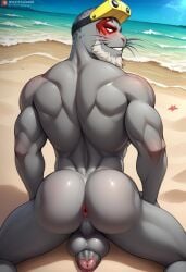 1boy ai_generated anthro anthro_male ass back balls bara biceps big_balls big_penis blush erection furry gay goggles looking_at_viewer looking_back male male_only muscular muscular_male my_hero_academia nude_male penis selkie_(my_hero_academia) smile spotted_seal toned_body toned_male twall97