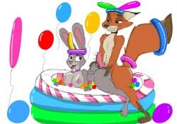 anthro balloon big_breasts breasts canid canine disney female fox hare hi_res humping inflatable judy_hopps knot lagomorph leporid male male/female mammal nick_wilde pool_toy tail zootopia