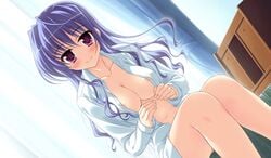 breasts cleavage dutch_angle game_cg highres kitamikado_ayaka large_breasts long_hair navel no_bra open_clothes open_shirt princess_evangile purple_eyes purple_hair shirt sitting smile yamakaze_ran