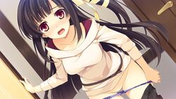 black_hair blue_panties blush dutch_angle game_cg indoors koikishi_purely_kiss long_hair long_sleeves official_art panties panty_pull red_eyes shidou_mana solo underwear yuuki_hagure