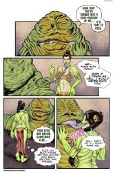 1girls amber_eyes athletic_female barefoot belly_dancer belly_dancer_outfit blush braided_hair brown_hair chain_leash chained child_bearing_hips cleavage comic desperation enslaved_royal fit_female green_skin growth harem_girl harem_outfit huge_breasts hutt in_heat jabba's_palace jabba_the_hutt licking locofuria loincloth long_hair princess_leia_organa slave slave_bikini slave_collar slave_leia slave_outfit slavegirl sound_effects speech_bubble star_wars thought_bubble transformation voluptuous wide_hips