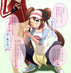 blush bottomless brown_hair caressing_testicles censored double_bun heart heart-shaped_pupils hugh_(pokemon) human hyuu_(pokemon) nintendo pantyhose penis pokemon pokemon_bw2 rari rosa_(pokemon) shorts symbol-shaped_pupils testicles text tongue tongue_out translated translation_request