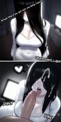 1boy 1girls ai_generated black_hair breasts cum cum_on_face english_text female female_focus fluffylewdsai ghost ghost_girl hi_res large_breasts light-skinned_female light_skin penis text the_ring tongue tongue_out yamamura_sadako