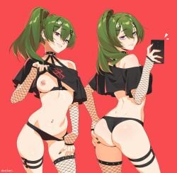 1girls dnaitari ear_piercing frieren_beyond_journey's_end green_hair long_hair nipple_piercing nipples panty_pull pierced_ears pierced_navel pierced_nipples piercing piercings sousou_no_frieren ubel_(sousou_no_frieren)