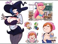 1boy 3girls arms_behind_head blue_hair bra breasts brown_hair classroom cleavage clothing cooking_mama crossover female flashing_breasts giffany gloves gosgoz gravity_falls green_hat hat heart human legwear long_hair luigi male mama_(cooking_mama) mario_(series) multiple_girls nipples pink_hair seductive seductive_look smile tagme white_background