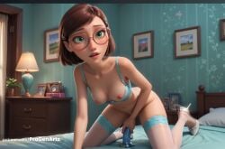 1girls 20th_century_fox 20th_century_studios ai_generated all_fours artist_name bed bedroom blue_bra blue_sky_studios blush bottomless bra bra_pull breasts brown_hair clock clothes_pull dildo drawer female_masturbation glasses green_eyes hair_ornament hairclip hi_res high_heels indoors kneeling lamp linda_gunderson lips looking_at_viewer masturbation medium_breasts navel nipples on_bed open_mouth parted_lips photo_\(object\) picture_frame pillow progenarts rio_(series) round_eyewear sex_toy short_hair small_breasts solo swept_bangs thighhighs underwear white_footwear white_thighhighs