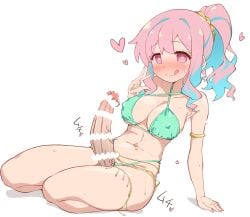 1futa :q armlet bare_shoulders belly_chain big_breasts big_penis bikini blue_hair blush bottomless breasts censored cleavage closed_mouth clothed clothing collarbone colored_inner_hair covered_nipples erection futa_only futanari green_bikini heart heart-shaped_pupils heart_censor high_ponytail highleg highleg_bikini highres hozuki_kaede huge_cock human jewelry large_breasts light-skinned_futanari light_blue_hair light_skin long_hair looking_at_viewer mostly_nude multicolored_hair navel nekono_matatabi onii-chan_wa_oshimai! penis pink_hair ponytail sidelocks sitting smile solo sweat swimsuit symbol-shaped_pupils thighs tongue tongue_out transgender_pride_colors two-tone_hair w