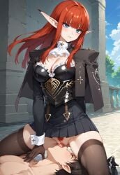 1boy 1boy1girl 1girls ai_generated arm_behind_back armor armored_female black_armor black_skirt black_sleeves blue_eyes blue_eyes_female blush breastplate cleavage clothed_female_nude_male clothed_sex cravat cuffs cunnilingus eiselin_hulkenberg elf elf_ears elf_female facesitting female female_knight gloves high_heels hulkenberg knight long_red_hair looking_at_viewer mantle medieval_armour medium_breasts metaphor:_refantazio on_knees outdoors pointy_ears red_hair red_hair_female sidelocks skirt sleeves stockings tall_female