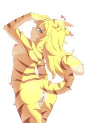 animal_ear_fluff animal_ears anus aqua_eyes arched_back arm_at_side arm_up ass bar_censor blonde_hair blush breasts censored cleft_of_venus closed_eyes closed_mouth completely_nude cowboy_shot eyelashes female flipped_hair from_behind from_side furry furry_female hand_on_own_head heart highres lalamedli long_hair looking_at_viewer looking_to_the_side medium_breasts mia_(world_flipper) nipples nude pussy pussy_juice seductive_smile short_eyebrows sideways_glance simple_background smile snout solo standing tail tail_raised tiger_ears tiger_girl tiger_stripes tiger_tail white_background world_flipper