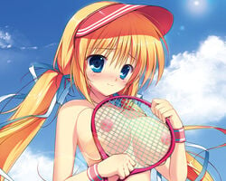 blonde_hair blue_eyes blush breasts game_cg kazamatsuri_mana manatsu_no_yoru_no_yuki_monogatari mikeou nipples tennis tied_hair topless twintails