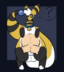 4_nipples ampharos animal_genitalia anthro balls big_balls big_ears big_teats big_udders bovid caprine digital_media_(artwork) generation_2_pokemon genitals hair hi_res hooves kodi_(ampharos) long_neck long_tail looking_at_viewer male mammal multi_nipple nintendo nipples nude plushie pokemon pokemon_(species) question_mark sheath sheep simple_background solo standing stitch_(sewing) tail tapiocadraws teats thick_tail udders white_hair yellow_body