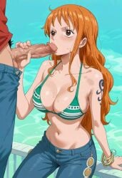 1boy 1girls ai_generated bikini bikini_top_only blue_pants blush bracelet breasts brown_eyes cleavage denim fellatio female green_bikini jeans jewelry large_breasts long_hair male monkey_d_luffy nami nami_(one_piece) navel ocean one_piece oral orange_hair outdoors pants penis penis_grab shoulder_tattoo solo_focus straight swimsuit tattoo trewg001 uncensored veins veiny_penis water