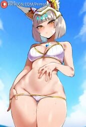 ai_generated animal_ears beach bikini cat_ears core_crystal embarrassed from_below gray_hair hand_on_stomach medium_breasts navel nia_(xenoblade) panties_down panties_pull primosan pussy_juice revealing_clothes short_hair standing thigh_gap xenoblade_(series) yellow_eyes