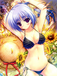 armpits arms_up beach bikini black_bikini blue_hair blush breasts cleavage collarbone cropped eyebrows female flower frilled_bikini frills halterneck hat high_resolution long_hair lying navel on_back partially_submerged petals plaid ponytail purple_eyes scan shell shintarou side-tie_bikini smile solo straw_hat string_bikini sun_hat sunflowers swimsuit thick_eyesbrows water