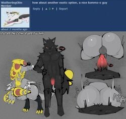 anal anal_sex anthro ass balls big_butt bodily_fluids canid canine claws cum dragon duo erection feral fur generation_7_pokemon genital_fluids genitals hi_res huge_butt kommo-o looking_at_viewer magnus_(rareplushy) male male/male male_penetrated male_penetrating mammal mythological_creature mythological_scalie mythology nintendo nude penetration penile penis pokemon pokemon_(species) rareplushy scalie sex simple_background tail text thick_thighs wide_hips