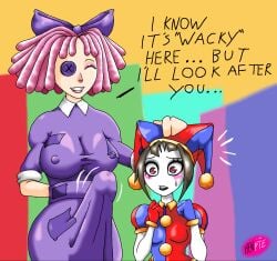 big_boobs big_breasts big_cock big_dick big_penis big_tits black_lipstick blue_background blush blushing blushing_female bow brown_hair bulge_through_clothing bulging_penis button_eyes clown clown_costume clown_girl clown_hat clown_makeup cock_bulge doll eyeshadow fat_boobs fat_breasts fat_cock fat_dick fat_penis fat_tits futa futanari gloves green_background hair_bow hair_ornament hand_behind_back hand_on_head hat henpie huge_boobs huge_breasts huge_cock huge_dick huge_penis huge_tits jester_hat jester_outfit larger_female multicolored_eyes nervous nervous_expression nervous_face nervous_sweat patched_clothing pink_background pink_hair pomni pomni_(the_amazing_digital_circus) ragatha ragatha_(the_amazing_digital_circus) ragdoll red_and_blue red_background shocked shocked_expression shortstack small_boobs small_breasts small_tits smaller_female smile text the_amazing_digital_circus visible_bulge yellow_background