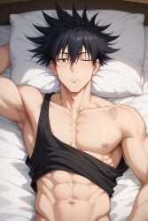 1boy abs ai_generated another_megumi armpits bangs bara bed bed_sheet black_eyes black_hair black_tank_top blush closed_mouth clothes_lift collarbone fushiguro_megumi hair_between_eyes jujutsu_kaisen large_pectorals looking_at_viewer lying male_focus muscular muscular_male navel nipples on_back on_bed one_eye_closed pectorals pillow shirt_lift short_hair solo spiked_hair tank_top upper_body veins