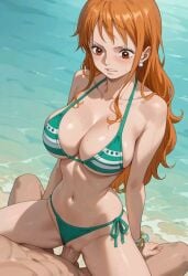 1boy 1girl ai_generated beach bikini bikini_bottom_aside blush bracelet breasts brown_eyes cleavage clothing_aside collarbone cowgirl_position earrings erection female girl_on_top green_bikini halterneck hetero jewelry large_breasts long_hair looking_down male monkey_d_luffy nami nami_(one_piece) navel ocean one_piece orange_eyes orange_hair outdoors parted_lips penis pussy sex side-tie_bikini_bottom solo_focus straddling sweat swimsuit trewg001 uncensored vaginal vaginal_penetration water