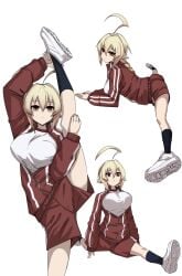 1girls ahoge amber_eyes black_socks blazblue blonde_hair braid braided_ponytail breasts es_(xblaze) flexible jersey large_breasts nueshinmei open_jacket red_shorts shoes shorts stretching white_shirt white_shoes xblaze