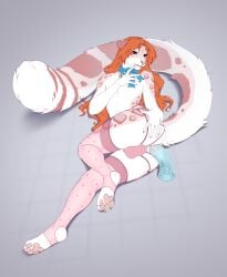 accelo_(character) anal anal_masturbation anal_sex anthro anus big_tail clothed clothing collar crossdressing dildo dildo_in_ass dildo_insertion felid femboy fluffy fluffy_tail hair heterochromia hi_res legwear lingerie lying male mammal masturbation object_in_ass on_side orange_hair pantherine panties pawpads penetration sex_toy sex_toy_in_ass sex_toy_insertion smileeeeeee snow_leopard solo stirrup_stockings stockings tail thigh_highs underwear