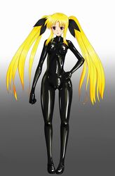 1girls bodysuit cameltoe fate_testarossa female hydrangia jpeg latex lyrical_nanoha mahou_shoujo_lyrical_nanoha red_eyes ribbon shiny shiny_clothes skin_tight solo