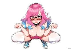 1girls ai_generated angry bell blue_hair brown_eyes choker collar embarrassed female from_above glasses leash nipple_piercing outline panties pet_play pink_hair pov self_upload shorts small_breasts sneakers solo squatting two-tone_hair viriai wavy_mouth