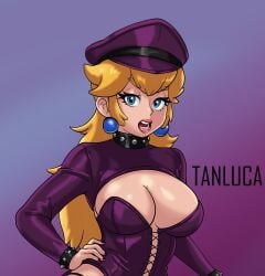 1woman arms artist_request black_trim blonde_hair blue_background blue_earrings blue_eyes breasts cleavage corset covered_breasts ear_piercing ear_piercings earrings ears eyebrows eyelashes hat highres huge_breasts latex latex_corset latex_hat lips long_eyelashes long_hair mario_(series) nails nintendo open_mouth panties pink_lips princess_peach purple_background purple_corset purple_hat purple_latex purple_nails purple_panties shiny_body shiny_breasts shiny_clothes shiny_hair shiny_skin studded_collar studded_cuffs super_mario_bros. sweat tanluca_art teeth thick_eyebrows thick_eyelashes thong tongue two-tone_background very_long_hair wavy_hair wet wrist_cuffs