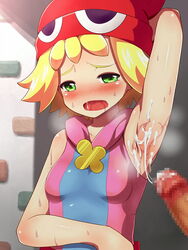 1boy 1girls amitie arm_up blonde_hair brush censored cg cum cum_on_armpit cum_on_body cum_on_upper_body cum_string erokosei green_eyes hat highres konpeto open_mouth penis puyo_puyo puyo_puyo_fever sega short_blonde_hair short_hair wet