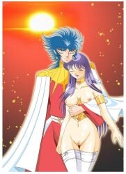 1boy 1girls abel_(saint_seiya) accessories areolae athena_(saint_seiya) blood_related blue_hair breasts brother_and_sister closed_eyes closed_mouth clothed_male deity duo female female_focus god goddess gods legs light-skinned_female light-skinned_male light_skin lips long_hair male male/female male_focus miguelarchangel nipples purple_hair pussy saint_seiya saori_kido shounen_jump thighhighs thighs white_thighhighs