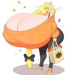 1girls big_ass blonde_hair breasts bubble_butt cassie_(theycallhimcake) cleavage enormous_breasts female halloween headphones huge_ass hyper_breasts nipple_bulge solo spirit_halloween standing sweater theycallhimcake thick_thighs wide_hips