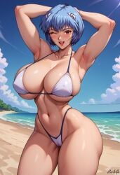 1girls ai_generated armpits beach big_ass big_breasts bikini blue_hair blush bob_cut cleavage hand_behind_head happy huge_breasts looking_at_viewer neon_genesis_evangelion posing red_eyes rei_ayanami self_upload short_hair smile stable_diffusion standing teenager thick_thighs unclego white_bikini wink winking_at_viewer