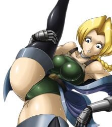 1woman armor arms ass bare_shoulders black_thighhighs blonde_hair blue_coat blue_eyes braided_ponytail breasts brown_straps cameltoe castlevania_(series) castlevania_legends choker cleavage clenched_teeth coat covered_navel covered_nipples covered_pussy deadmoon eyebrows eyelashes frawn gauntlet gauntlets green_leotard grey_choker grey_trim hips huge_ass konami large_breasts latex_leggings legs leotard long_eyelashes long_hair metal nervous nervous_expression o-ring ponytail shiny_ass shiny_body shiny_breasts shiny_butt shiny_clothes shiny_hair shiny_pussy shiny_skin sonia_belmont straps thick_eyelashes thick_thighs thighhighs thighs thin_eyebrows very_long_hair white_background wide_hips