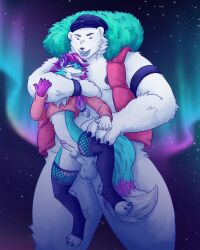 choke_hold fur_hood furry just_dance penis polar_bear purple_hair size_difference temperature_(just_dance) winter_coat