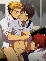 3boys anal black_hair blonde_hair brown_hair censored classroom clenched_teeth clothed fellatio gay group_sex male male_only oral penis red_hair resfrio school school_uniform student teacher teamwork threesome two_tone_hair undressing yaoi