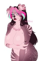 anthro ass belly big_breasts big_butt breasts canid canine cleavage clothed clothing ear_piercing facial_piercing female hi_res lip_piercing mammal mature_anthro mature_female piercing ring_piercing simple_background slightly_chubby slightly_chubby_female solo tattoo thick_thighs wylfhixc