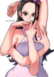 aosora armpit armpits arms black_hair blue_eyes clothed female female_only hana_hana_no_mi nico_robin one_piece sunglasses_on_head