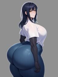 2024 ai_generated ass_focus big_ass big_breasts big_butt big_thighs black_hair chainsaw_man huge_ass huge_butt huge_thighs long_hair looking_back memch0 mitaka_asa scar scar_on_face simple_background tagme white_shirt yellow_eyes