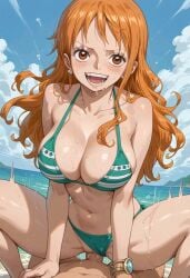 1boy 1girl ai_generated beach bikini bikini_bottom_aside blue_sky blush bracelet breasts brown_eyes censored cleavage clothing_aside cloud collarbone cowgirl_position day earrings erection female girl_on_top green_bikini hetero jewelry large_breasts long_hair looking_at_viewer male monkey_d_luffy mosaic_censoring nami nami_(one_piece) navel ocean one_piece open_mouth orange_hair outdoors penis pov pussy sex sky smile solo_focus spread_legs squatting_cowgirl_position straddling striped striped_bikini sweat swimsuit teeth trewg001 vaginal vaginal_penetration wet