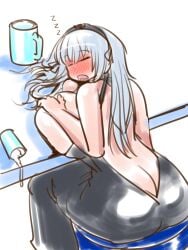 1girls alcohol ass_crack bar black_dress closed_eyes dress drunk female full-face_blush huge_breasts itini-sanshi large_ass long_hair rozen_maiden silver_hair sleeping solo spilled_drink suigintou table