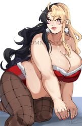 1girls artist_signature black_hair blonde_hair blush christmas_clothing christmas_outfit chubby cleavage commission earrings female female_only fishnets heart-shaped_pupils holidays long_hair midriff mole original original_character plump puzzled_artist signature two-tone_hair watermark