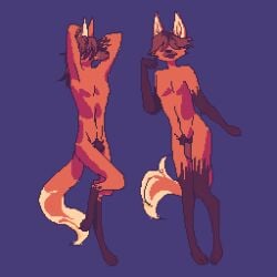 anthro canid canine digital_media_(artwork) duo femboy fur genitals hair hair_over_eyes hands_behind_head male mammal maned_wolf nude orange_body orange_fur penis pixel_(artwork) pubes purple_background simple_background urfavvpuppy