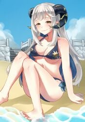 1girls beach beauty_mark blush ciyana feet horns indie_virtual_youtuber light-skinned_female smug virtual_youtuber vtuber