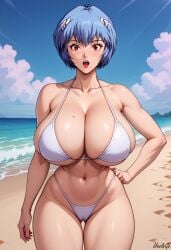 1girls ai_generated beach big_breasts bikini blue_hair blush bob_cut cleavage huge_breasts looking_at_viewer neon_genesis_evangelion open_mouth posing red_eyes rei_ayanami self_upload short_hair stable_diffusion standing surprised teenager thick_thighs unclego white_bikini