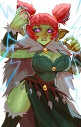 1girls absurd_res bangs big_breasts blunt_bangs clothing electricity fantasy female female_only fur_cape goblin goblin_female gobtober gobtober_2024 green_skin high_twintails maewix1 pink_eyes pointy_ears red_hair solo solo_female twintails