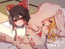 2girls 69 absurdres after_cunnilingus anus ass back blonde_hair bow braid breasts brown_hair chinese_commentary day detached_sleeves drooling hair_tubes hairbow hakurei_reimu highres indoors kirisame_marisa long_hair medium_breasts multiple_girls navel nipples nude pussy pussy_juice pussy_juice_string pussy_juice_trail saliva saliva_string saliva_trail shen_bi_ren_(user_rjgy2824) spread_legs tatami tongue tongue_out touhou yellow_eyes yuri