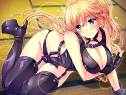 1girls anna_belmonte black_gloves black_legwear blonde_hair blue_eyes blush boots breasts cleavage female fingerless_gloves game_cg garter_belt garter_straps gloves high_heels long_hair marushin_(denwa0214) mole platform_heels ponytail sleeveless solo sparkle supokon!_sports_wear_complex tatami thigh_boots thighhighs