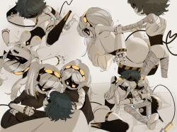 1boy 2girls bedroom black_clothes blue_penis blushing breasts grey_hair intercourse j_(murder_drones) monsterdude15 murder_drones oc penetration penis_in_pussy random_ass_oc robot sex sleeping straight straight_sex tail thick_thighs tie white_background yellow_eyes