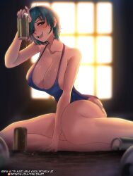 1girls beer blush bursting_breasts chainsaw_man cleavage drunk feet female female_only himeno_(chainsaw_man) huge_ass huge_breasts opalisart sweat thick_thighs