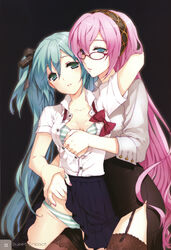 2girls aqua_eyes aqua_hair bra breasts cuteg duo eyewear female garter_straps glasses groping hair_ribbon hairband hands hatsune_miku highres lingerie lips long_hair megurine_luka multiple_females nail_polish open_clothes open_shirt panties pink_hair ribbon school_uniform shirt skirt skirt_lift sleeves_pushed_up smile striped striped_bra striped_panties thighhighs tied_hair twintails underwear undressing very_long_hair vocaloid yuri