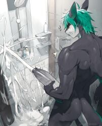 1boy anthro bathroom big_penis blush clenched_teeth closed_eyes cum cum_everywhere cum_explosion cum_on_floor cum_on_wall cum_puddle cum_splatter excessive_cum furry gay girthy_penis green_hair grey_body huge_cock male masturbation muscular_male notglacier pointy_ears shower solo standing tail thick_penis twitching veiny_penis